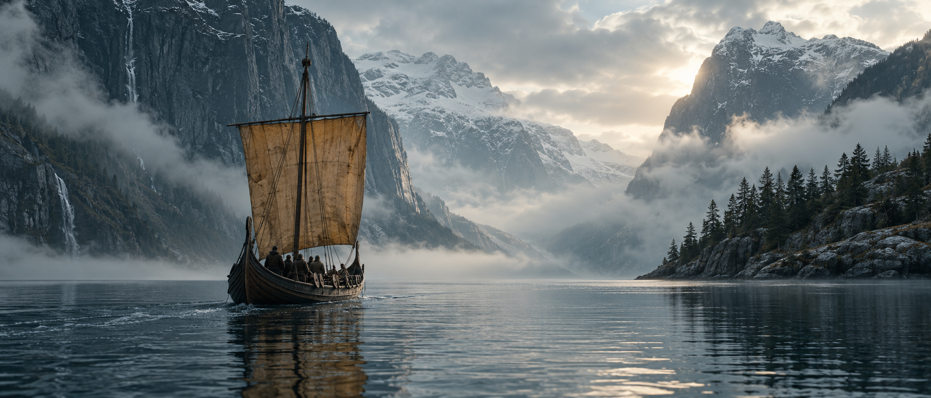 Ein Langschiff mit hellem Segel auf einem stillen Fjord.