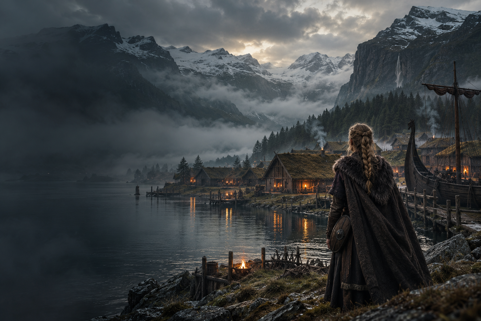 Eine Kriegerin blickt über ein nebliges Fjorddorf mit Langhäusern und einem Langschiff.